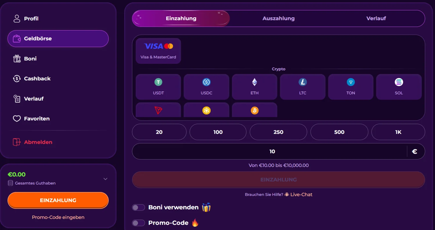 Vivajack Casino Einzahlungsmethoden