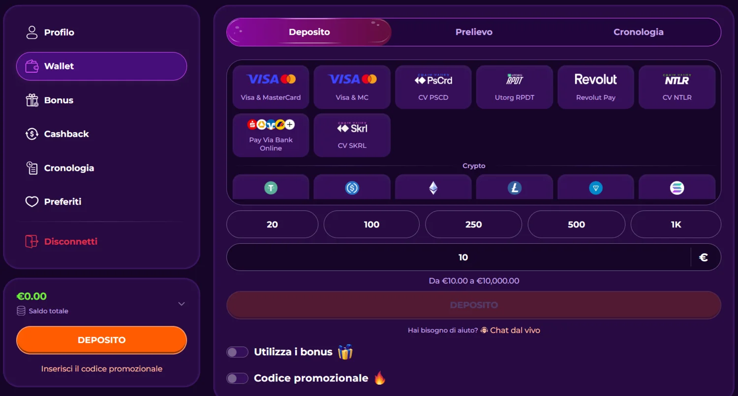 Metodi di Deposito su Vivajack Casino