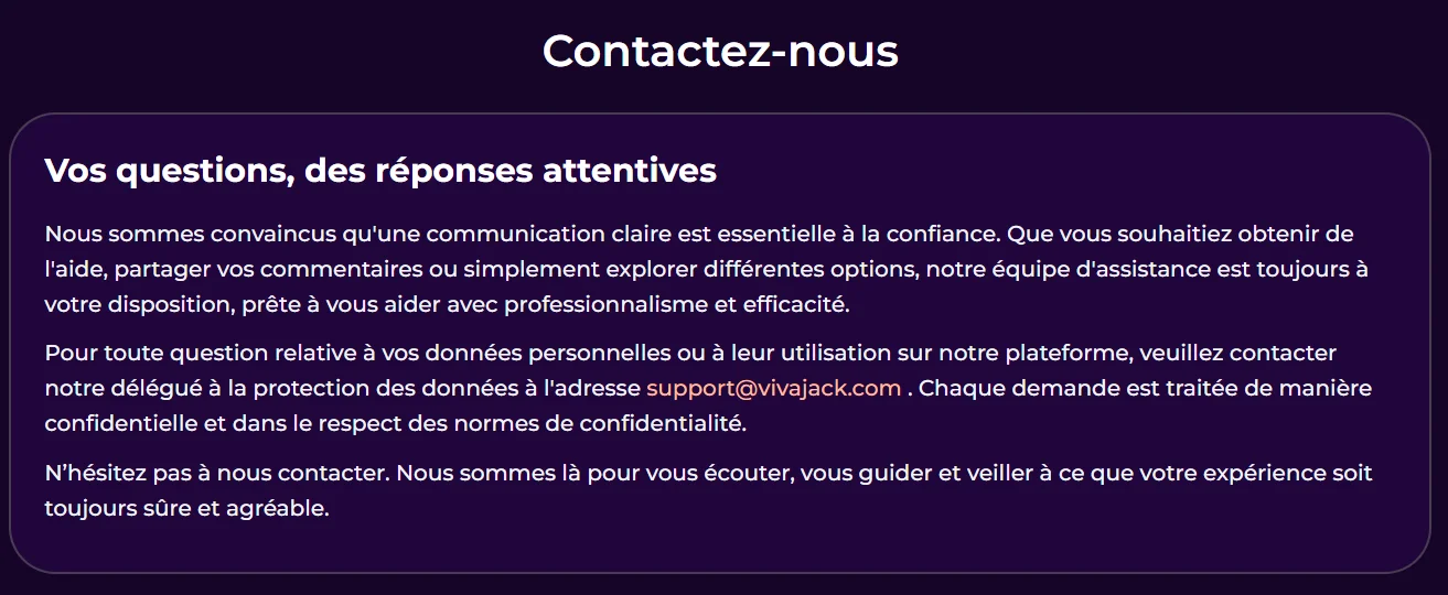 Support Client de Vivajack Casino