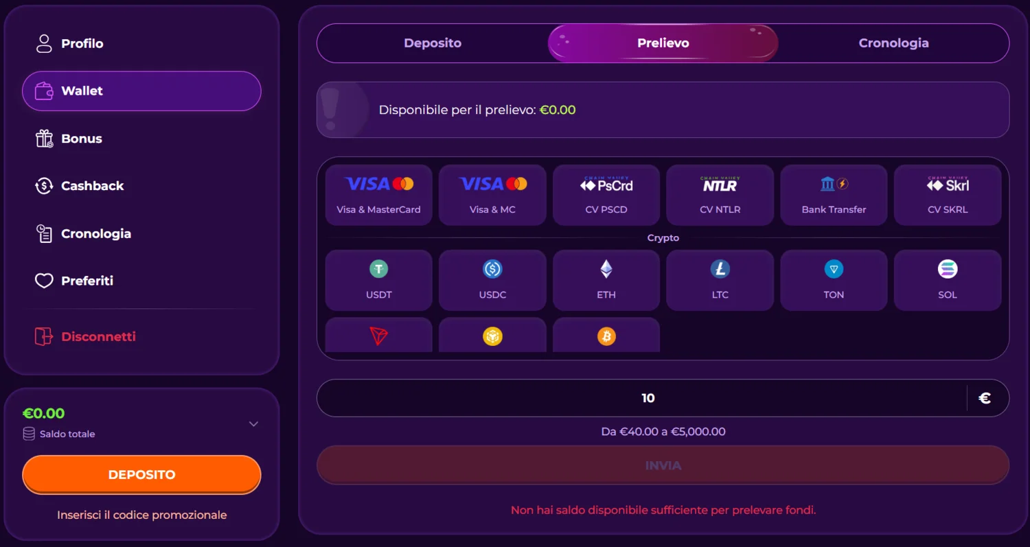 Opzioni di Prelievo su Vivajack Casino
