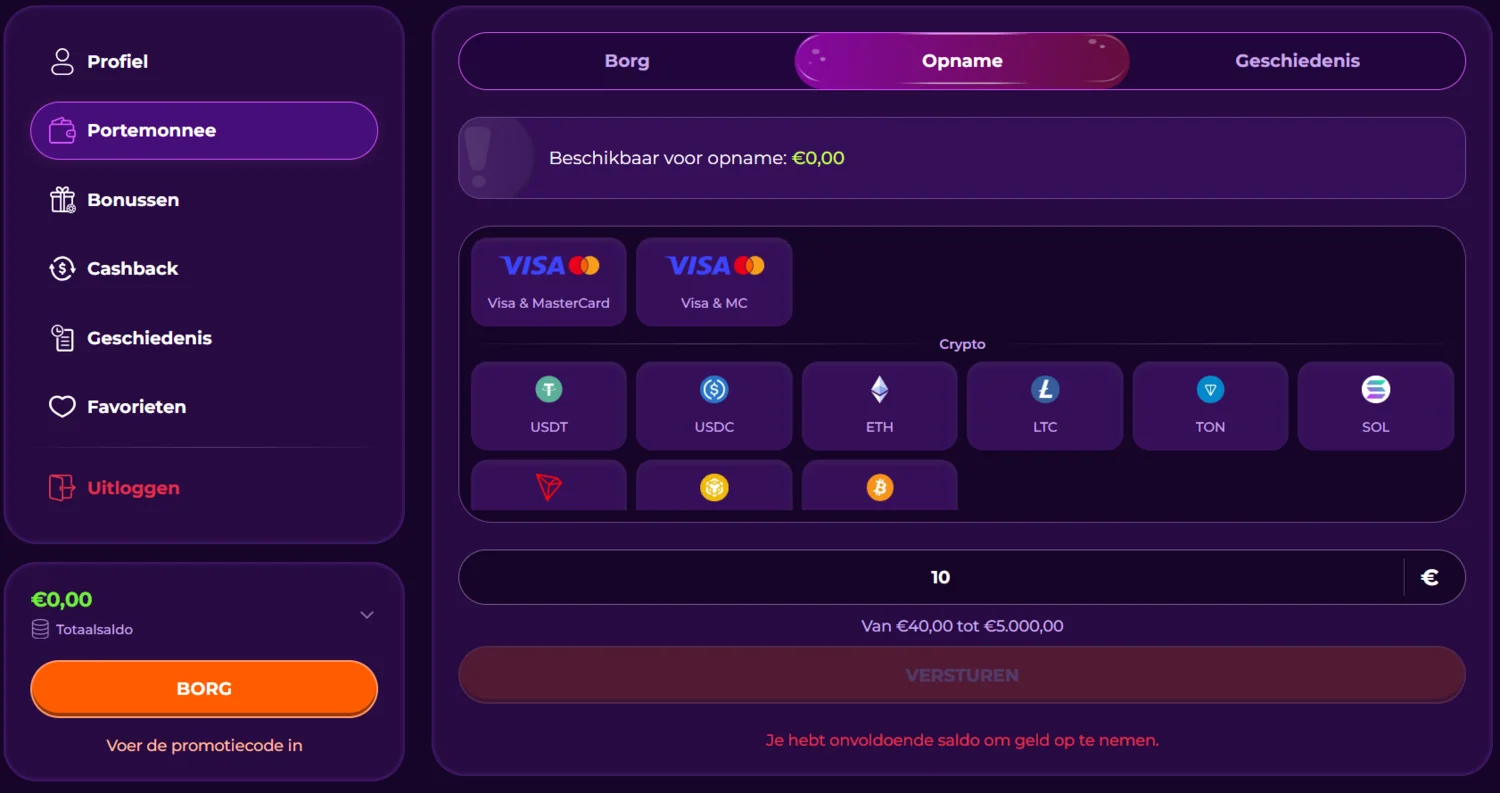 Vivajack Casino Opnamemogelijkheden